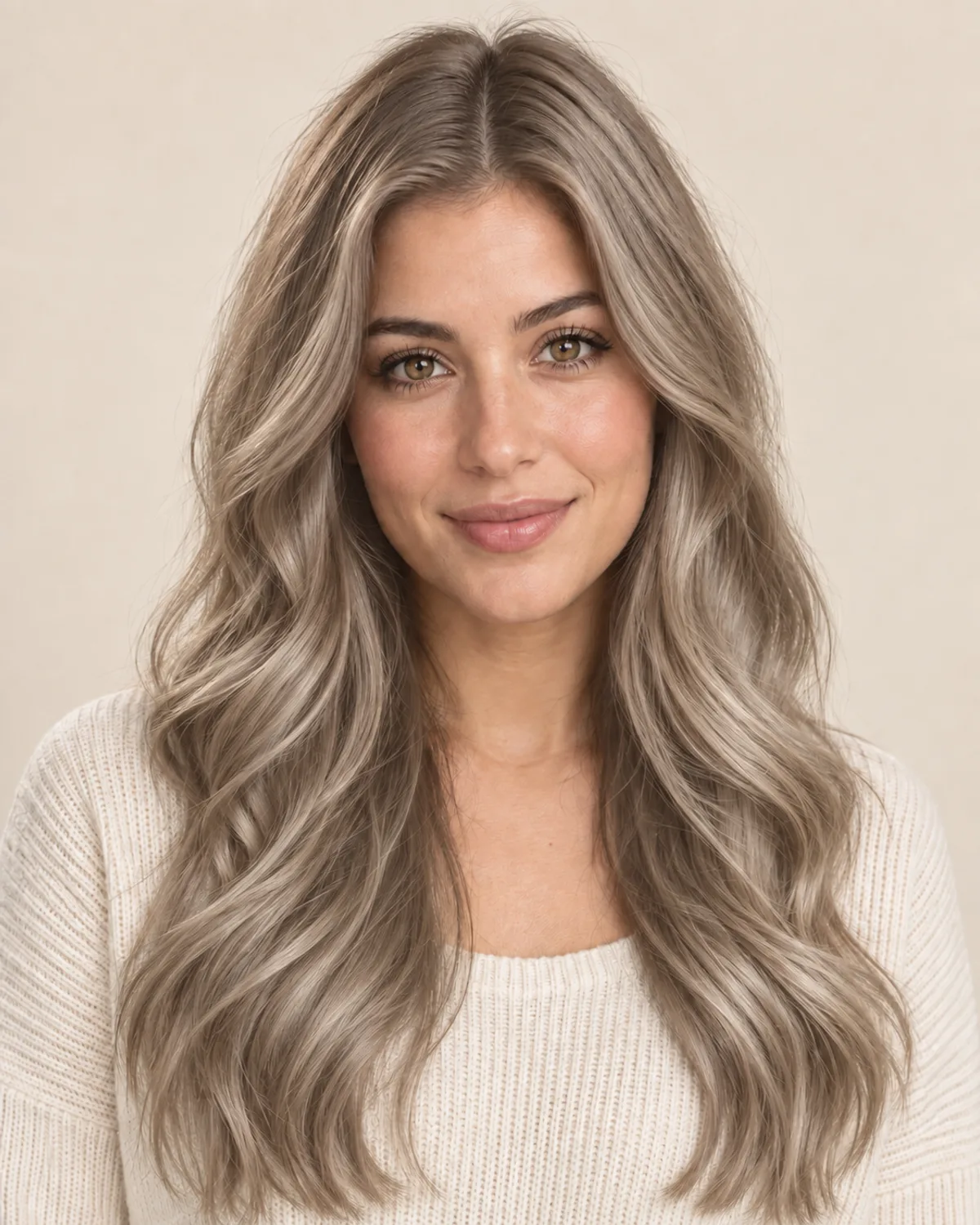 Maya with cool ash blonde waves, shown as a hair color reference