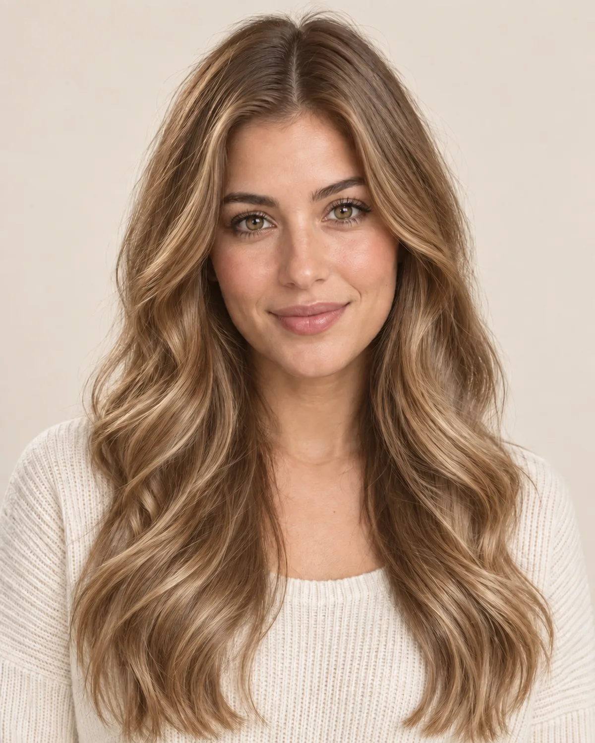 The same portrait of Maya with warm honey blonde waves